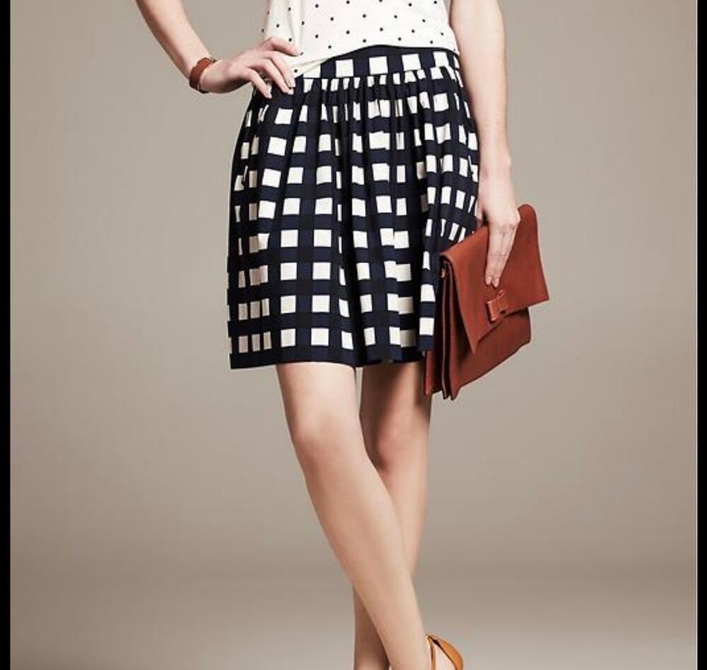 Banana Republic Navy GINGHAM Plaid FULL SKIRT Pockets Knee Length Womens Size 4